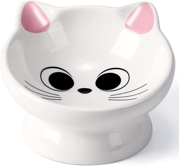 Raised Cat Food Bowl Ceramic - 15° Tilted Bowls for Anti Vomiting, Backflow Prevention for Adult Cats, Pink