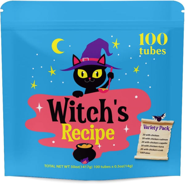 Witch's Recipe Lickable Cat Treats, Creamy Squeezable Puree, Grain-Free, 100 Tubes, Chicken Tuna Salmon