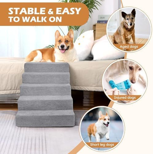 Heeyoo Dog Stairs for Small Dogs, 5-Step High-Density Foam Steps with Non-Slip Removable Washable Cover, Grey, 23" High