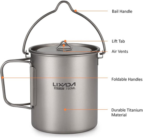 Titanium Cup, Ultralight 750ml Portable Water Mug with Lid and Foldable Handle for Outdoor Camping Cooking Picnic