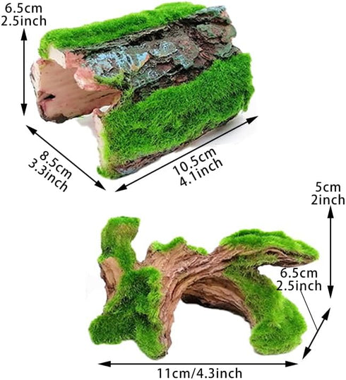 Aquarium Decor: Fish Tank Cave & Branch with Moss, Resin Hideout for Axolotl, Frog, Turtle, Gecko, Snake, 2PC