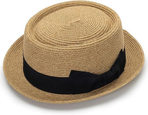Pork Pie Hat for Men/Women, Classic Straw Boater Derby Sun Hats with Grosgrain Band