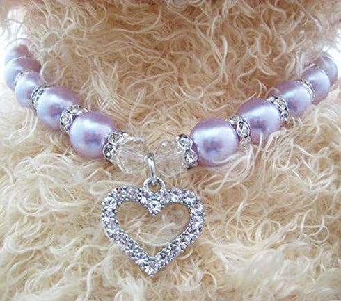 Engraved Crystal Heart Dog Necklace Jewelry with Bling Pearls for Small Dogs - Purple, 10 to 12-Inch