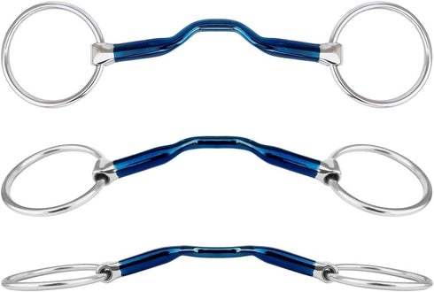 R G EQUESTRIAN TACK Sweet Iron Horse Bit Loose Ring Ported Mouth Blue Alloy Bits, Blue