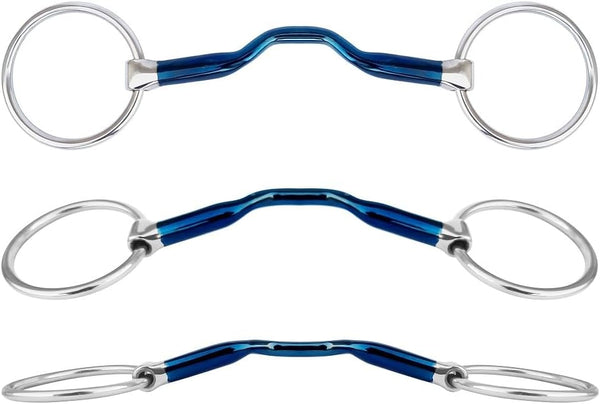 R G EQUESTRIAN TACK Sweet Iron Horse Bit Loose Ring Ported Mouth Blue Alloy Bits, Blue