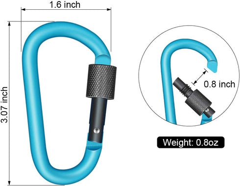 Locking Carabiner Clip D Shape, Spring-Loaded Gate Aluminum Keychain Buckle, 8 Pack (Light Blue)
