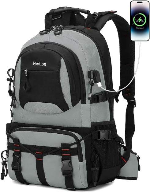 Nerlion 40L Lightweight Hiking Backpack, Waterproof Travel Daypack for Men Women, Outdoor Camping (Light Gray)