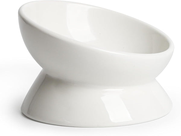 Elevated Tilted Cat Bowl - Ceramic Raised Food Dish for Cats and Small Dogs, 6 Inches, 10 Oz, Anti Vomit, White