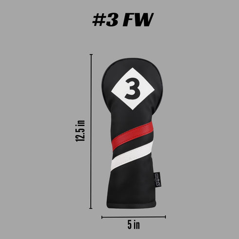 Majek Retro Golf Headcover - Black Red and White Vintage Leather Style #3 Fairway Wood Head Cover, Classic Look