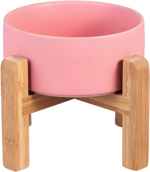 Pink Ceramic Elevated Raised Cat Bowl with Wood Stand, No Spill Pet Food Water Feeder for Cats and Small Dogs
