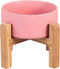 Pink Ceramic Elevated Raised Cat Bowl with Wood Stand, No Spill Pet Food Water Feeder for Cats and Small Dogs