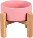 Pink Ceramic Elevated Raised Cat Bowl with Wood Stand, No Spill Pet Food Water Feeder for Cats and Small Dogs