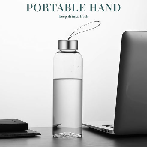 VANTOBEST 420ml 14.2oz Clear Glass Water Bottle with Stainless Steel Cap and Carrying Loop Refillable Sports Drinking