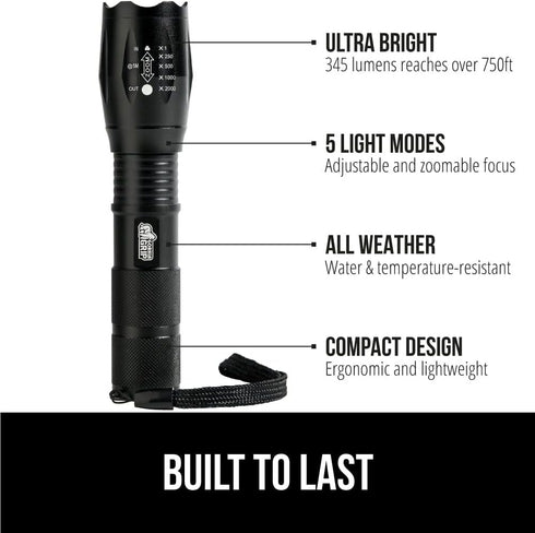 Gorilla Grip Powerful LED 750 FT Water Resistant 5 Adjustable Mode Tactical Flashlight, High Lumens Ultra Bright Battery Zoom Flashlights, Small Camping Car Mini Flash Light Accessories, 2 Pack Black by Gorilla Grip