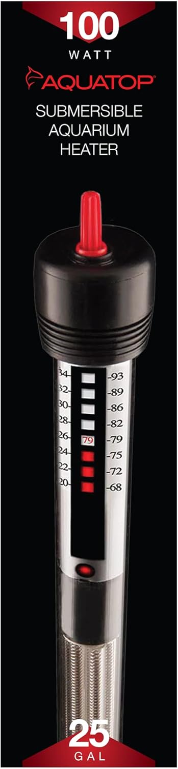 Aquatop 100W Submersible Glass Heater for Fish Tanks Up to 25 Gallons, 68-93F Adjustable Temperature Range