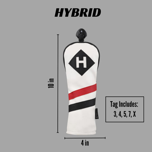 Majek Retro Golf Headcover - White Red and Black Vintage Leather Style Hybrid Head Cover, Classic Look, Wheel Tag #3-7