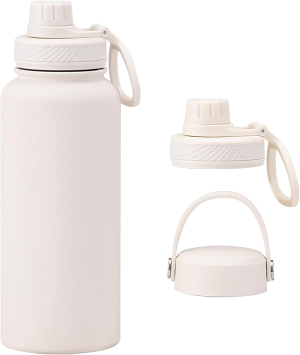 White 32 OZ Insulated Water Bottle, Large Metal Stainless Steel Flask with 2 Lids for Sports Travel