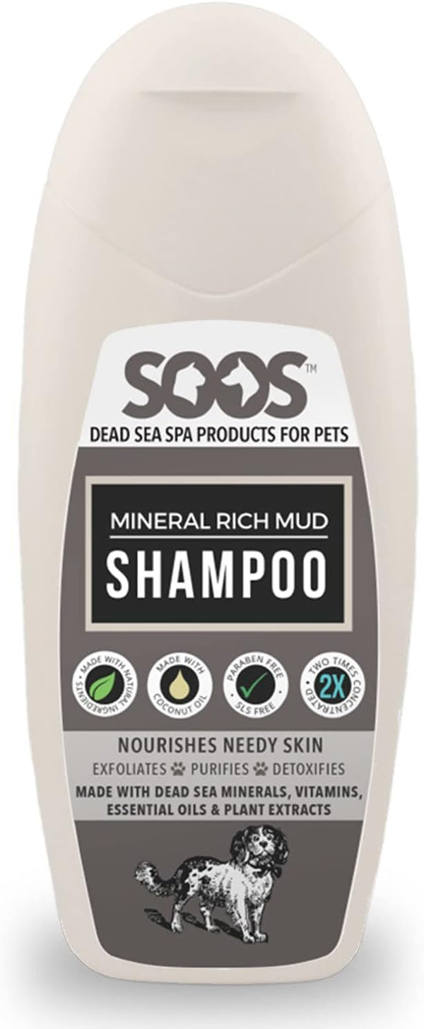 Soos Pet Dog Shampoo for Cats and Pets, Mineral Rich Mud, Fast Absorbing Skin Cooling First Aid (250ml)