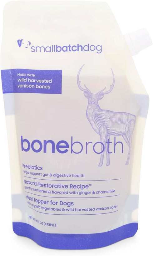 smallbatch Pets Shelf Stable Bone Broth, Venison Recipe with Prebiotics & Adaptogens, Topper for Dogs - 16 Ounce