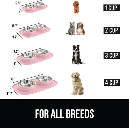 Gorilla Grip 100% Waterproof Cat and Dog Bowls - Silicone Feeding Mat Set with Stainless Steel Bowl, Slip Resistant,