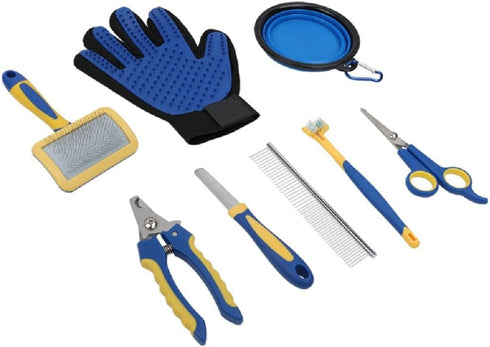 TSINGS Pet Grooming Tools 8-Piece Kit with Hair Comb, Steel Comb, Nail Clipper, File, Hair Clipper, Toothbrush, Bowl and Hair Removal Gloves