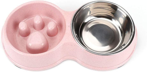Tineer Double Pet Dog Slow Feeder Bowl, Stainless Steel Anti-Choke Puppy Food and Water Feeder (Pink) for Dogs Cats