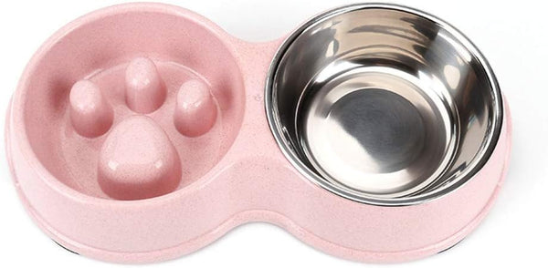 Tineer Double Pet Dog Slow Feeder Bowl, Stainless Steel Anti-Choke Puppy Food and Water Feeder (Pink) for Dogs Cats