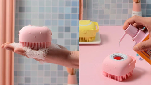 Dropshipping Soft Safe Silicone Pet Bathroom Massage Cleaning Grooming Tools, Dog Cat Bath Brush with Shampoo Box (Pink)
