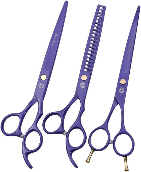 Professional Dog Grooming Scissor Kit - Purple Dragon 7.0 inch Hair Cutting, Curved & Chunker Shears with Bag