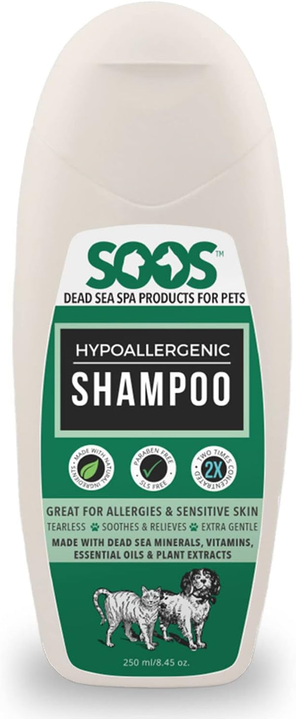 Soos Hypoallergenic Pet Shampoo for Cats and Dogs, Natural Dead Sea Minerals, 250ml Fast Absorbing Skin Soothing Formula