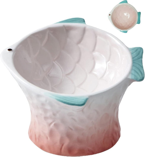 Raised Tilted Ceramic Cat Food Bowl, Cute Pink Fish Shape Elevated Dish for Kitty Feeding, Anti Vomiting
