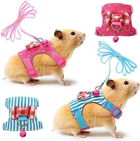 SATINIOR 2 Pieces Small Hamster Harness and Leash Set, Ferret Guinea Pig Clothes with Bowknot, Padded Vest, S, Blue,