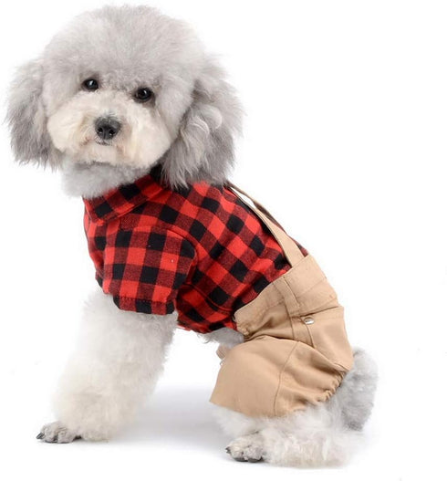 SMALLLEE_LUCKY_STORE Pet Clothes for Small Dog Cat, Red Plaid Shirt with Khaki Overalls, M