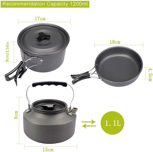 Lightweight Portable Camping Cookware Set - Pot, Pan, Kettle, Cups, Spoon, Fork, Cutter with Carry Bag for Outdoor