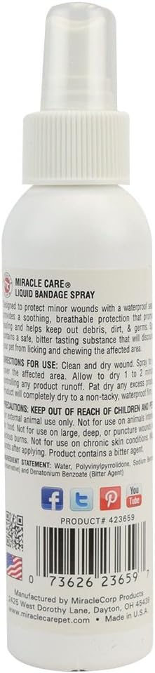 Miracle Care First Aid Liquid Bandage Spray for Dogs and Cats, 4 Ounce, Protects Minor Wounds