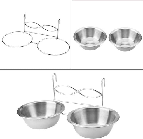 Stainless Steel Double Hanging Pet Feeding Station with Hook, Water and Food Bowls for Small Dogs and Cats