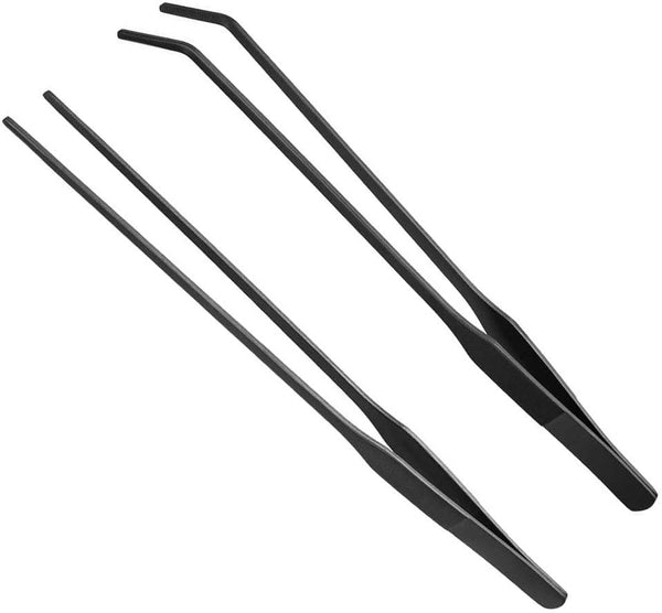 2PCS Stainless Steel Aquarium Tweezers Set, Long Handle Curved and Straight Tongs for Aquatic Plants, Reptiles -