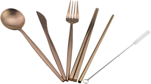 Gugrida 18/10 Sets 7 Set, Set Luxury Rose Gold Matte Portable Stainless Steel Travel Flatware of Portable Camping