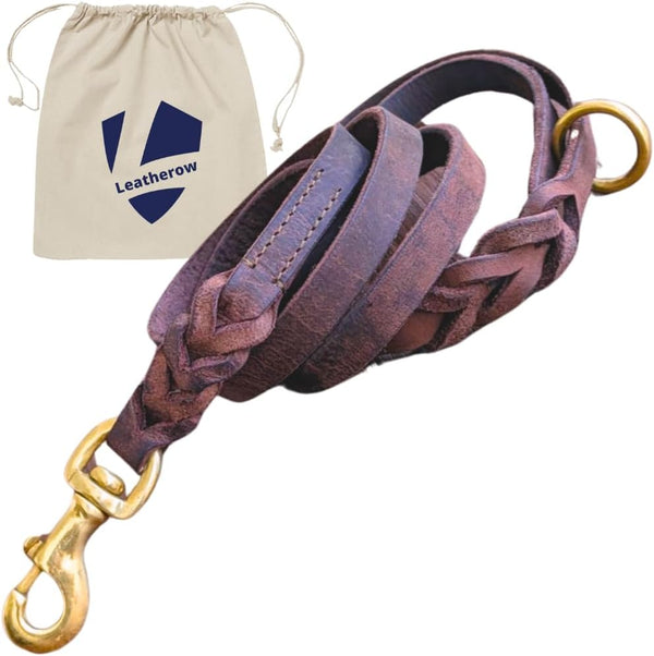 Leather Dog Leash, Heavy Duty Genuine Braided Training Leash, Soft Comfortable for Large Medium Small Dogs, Brown