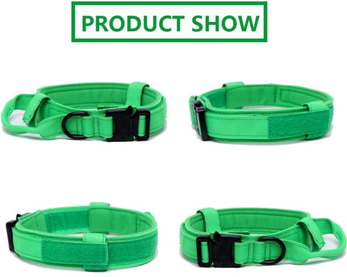 Tactical Dog Collar, Adjustable Military Dog Collar with Heavy Duty Metal Buckle and Handle for Training (Bright Green,