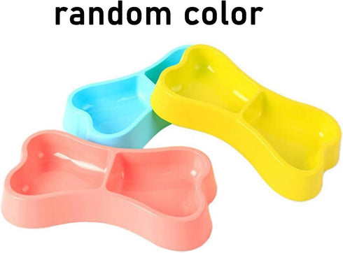 EORTA 3 Pcs Dog Double Bowls - Bone Shaped Feeder, Pet Plastic Bowl for Water & Food, Smooth Surface, Random Color