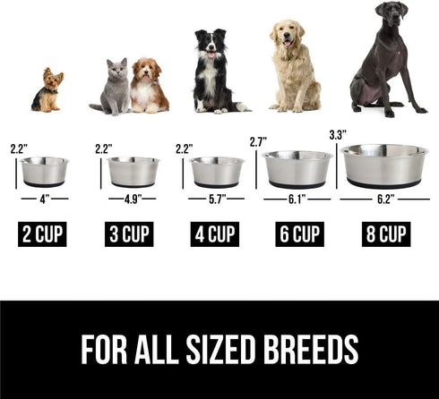 Gorilla Grip Stainless Steel Metal Dog Bowl Set of 2, Heavy Duty Feeding Dishes, BPA Free, Holds 4 Cups (Black)