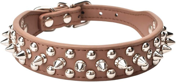 Mushrooms Spiked Rivet Studded Adjustable Microfiber Leather Pet Collars for Cats and Dogs (8.2"-10.6" Neck, Coffee)