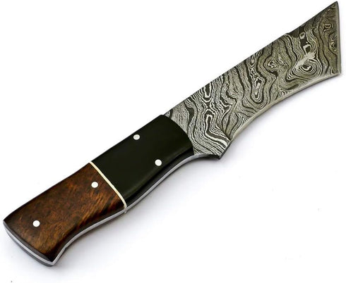 Rare Custom Damascus Tanto Hunting Knife | Best Outdoor Skinning Knife with Rose Wood Handle & Leather Sheath (S-6468)