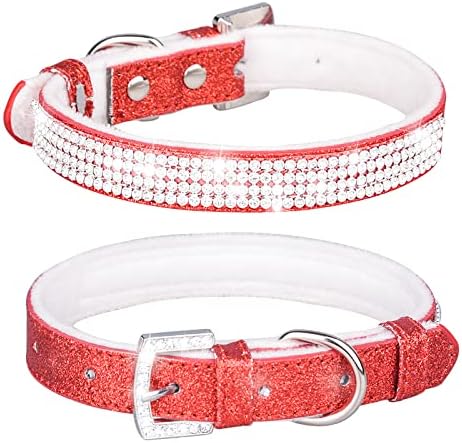 Cute Dazzling Sparkling Leather Dog Cat Rhinestone Collar, Crystal Diamond Pet Dog Puppy Collar (M, Red-1)