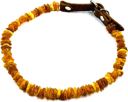 Baltic Amber Dog & Cat Collar with Adjustable Leather Strap - Raw Knotted Amber Beads for Dogs & Cats (40-45cm)