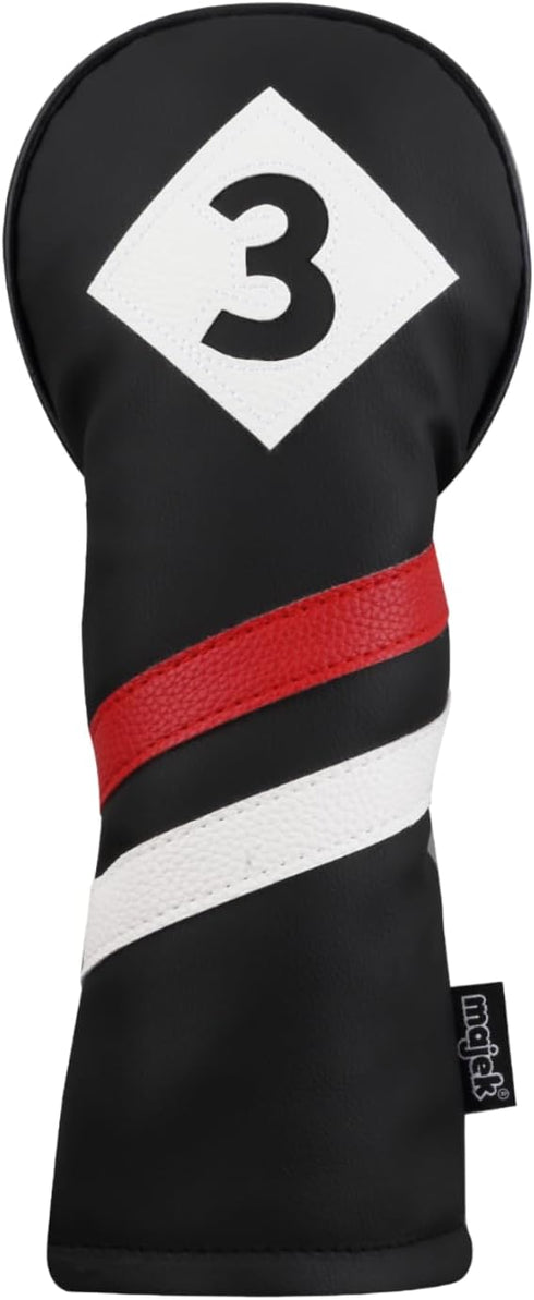 Majek Retro Golf Headcover - Black Red and White Vintage Leather Style #3 Fairway Wood Head Cover, Classic Look