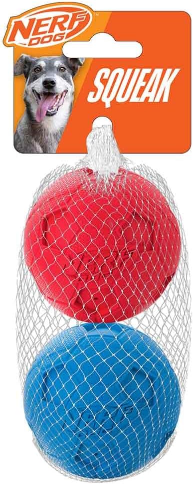 Nerf Dog Soccer Ball Toy, Interactive Squeaker, 2.5 Inches, Medium/Large Breeds, Two Pack, Blue & Red