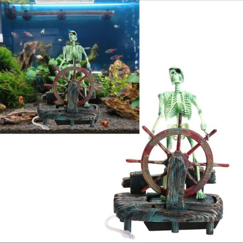 Aquarium Pirate Captain Decoration, Skeleton Ornament for Landscape, Pirate Captain Skeleton on Wheel