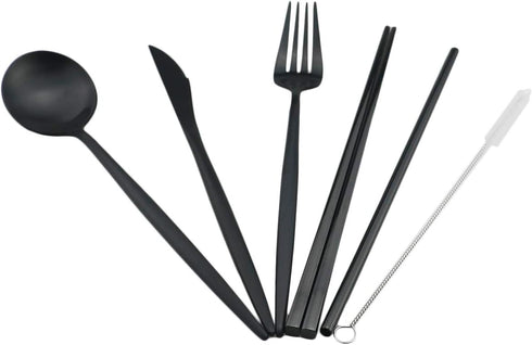Gugrida Luxury Black Matte Portable Stainless Steel Travel Flatware Set of 7, Eco-Friendly with Carrying Case